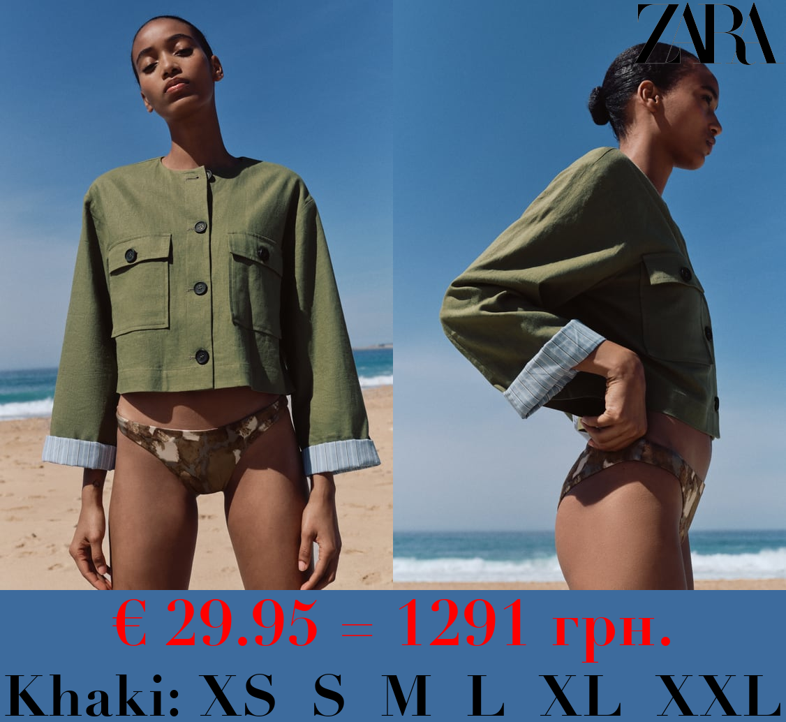 CROPPED LINEN-BLEND JACKET WITH CONTRAST CUFFS