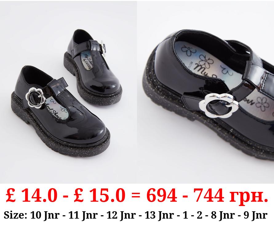 Black Flower T-Bar Glitter Sole School Shoes