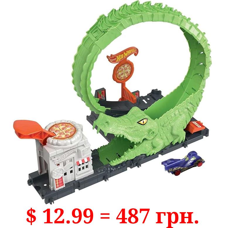 Hot Wheels Toy Car Track Set Gator Loop Attack Playset in Pizza Place with 1:64 Scale Car, Connects to Other Sets