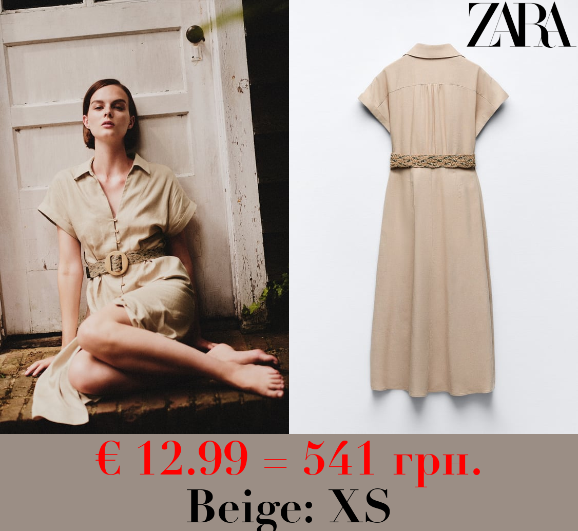 BELTED LINEN BLEND SHIRT DRESS