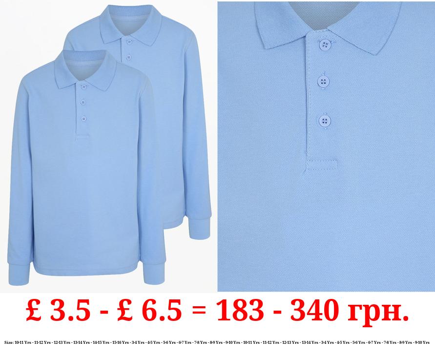Light Blue Regular Fit Long Sleeve School Polo Shirts 2 Pack