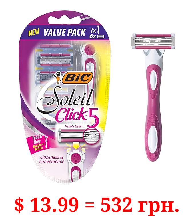 BIC Click 5 Soleil Women's Disposable Razors, 5 Blades With a Moisture Strip For a Smoother Shave, 1 Handle and 6 Cartridges, 7 Piece Razor Set