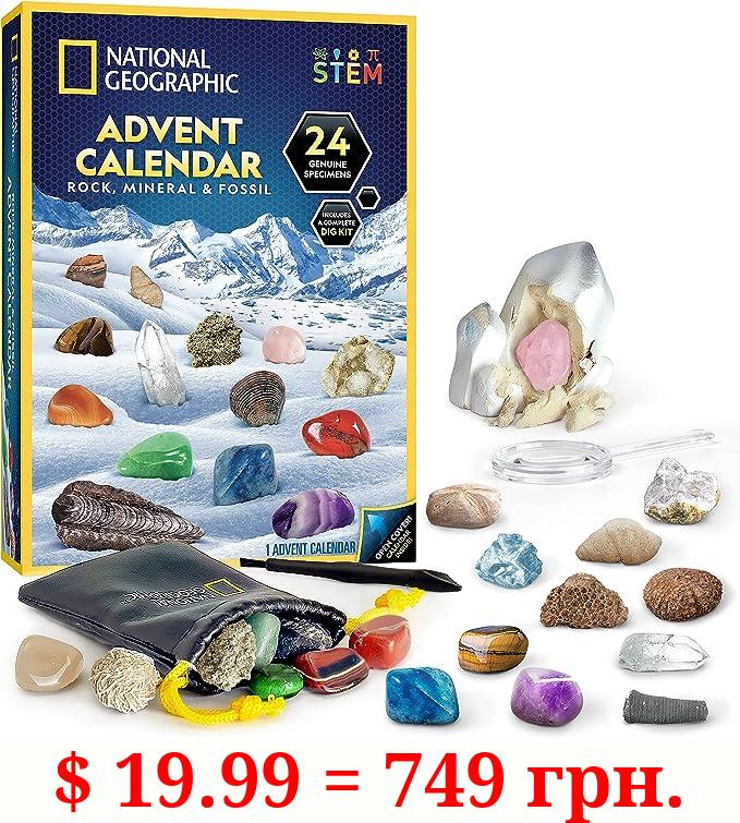 NATIONAL GEOGRAPHIC Rock Collection Advent Calendar 2023 with 24 Gemstones, Minerals & Fossils for Kids, Complete Gem & Fossil Collection Christmas Countdown Calendar