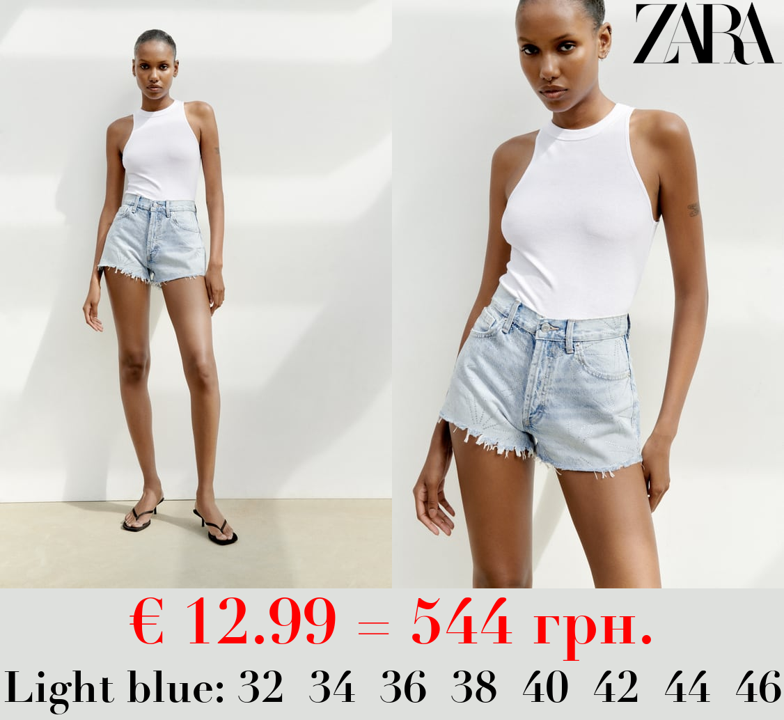 TRF DENIM MID-RISE RHINESTONE SHORTS