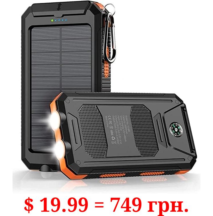 Power-Bank-Portable-Charger-Solar - 36800mAh Waterproof Portable External Backup Battery Charger Built-in Dual QC 3.0 5V3.1A Fast USB and Flashlight for All Phone and Electronic Devices (Deep Orange)