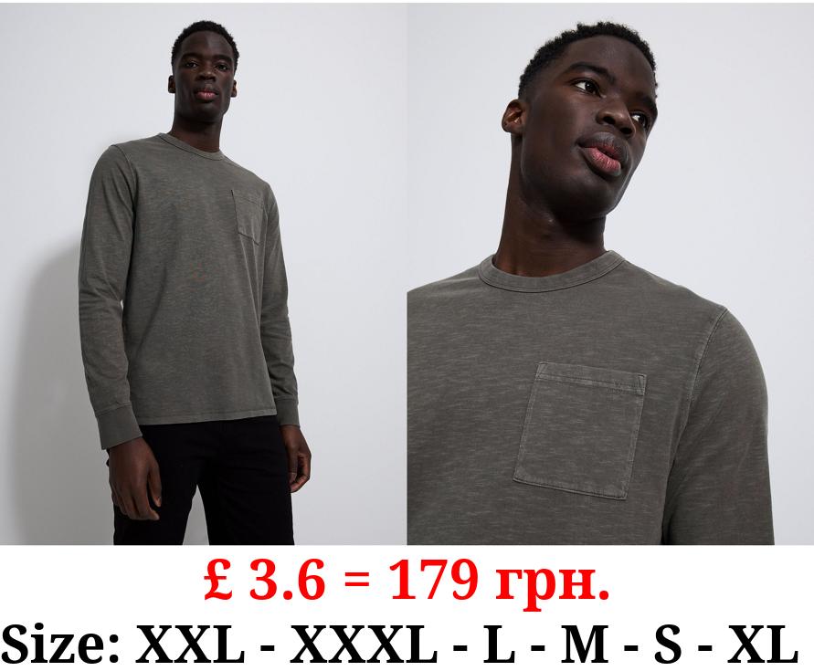 Grey Slub Long Sleeve Pocket Top