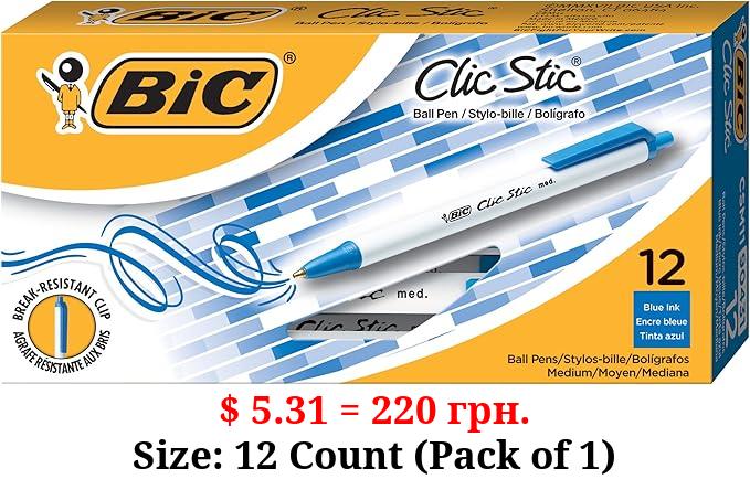 BIC Clic Stic Retractable Ball Pen, Medium Point (1.0mm), Blue, 12-Count