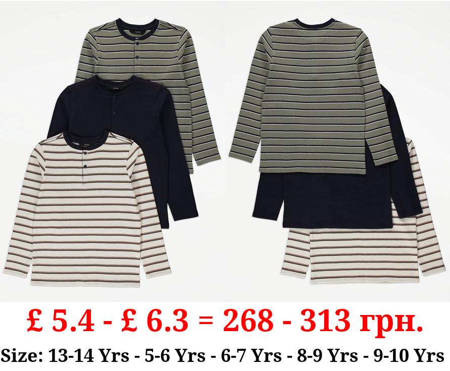 Striped Long Sleeve Button Neck Tops 3 Pack