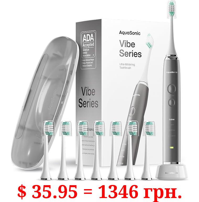 Aquasonic Vibe Series Ultra-Whitening Toothbrush – ADA Accepted Power Toothbrush - 8 Brush Heads & Travel Case – 40,000 VPM Motor & Wireless Charging - 4 Modes w Smart Timer – Charcoal Metallic