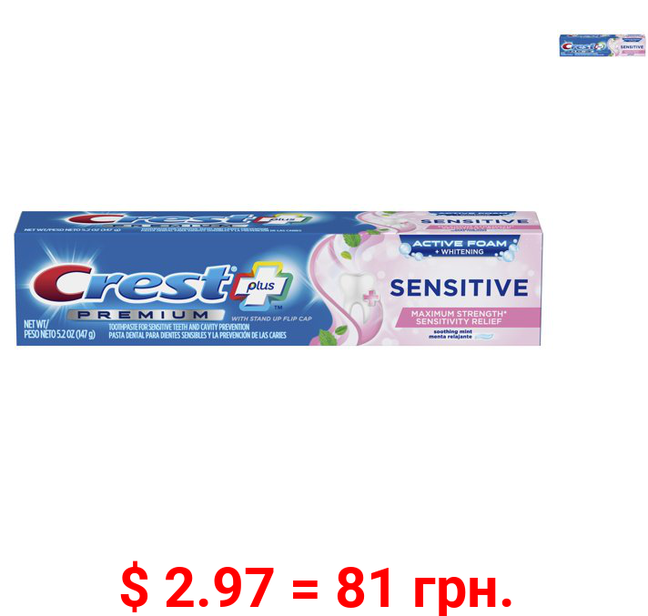 Crest Premium Plus Sensitive Toothpaste, Soothing Mint Flavor, 5.2 oz