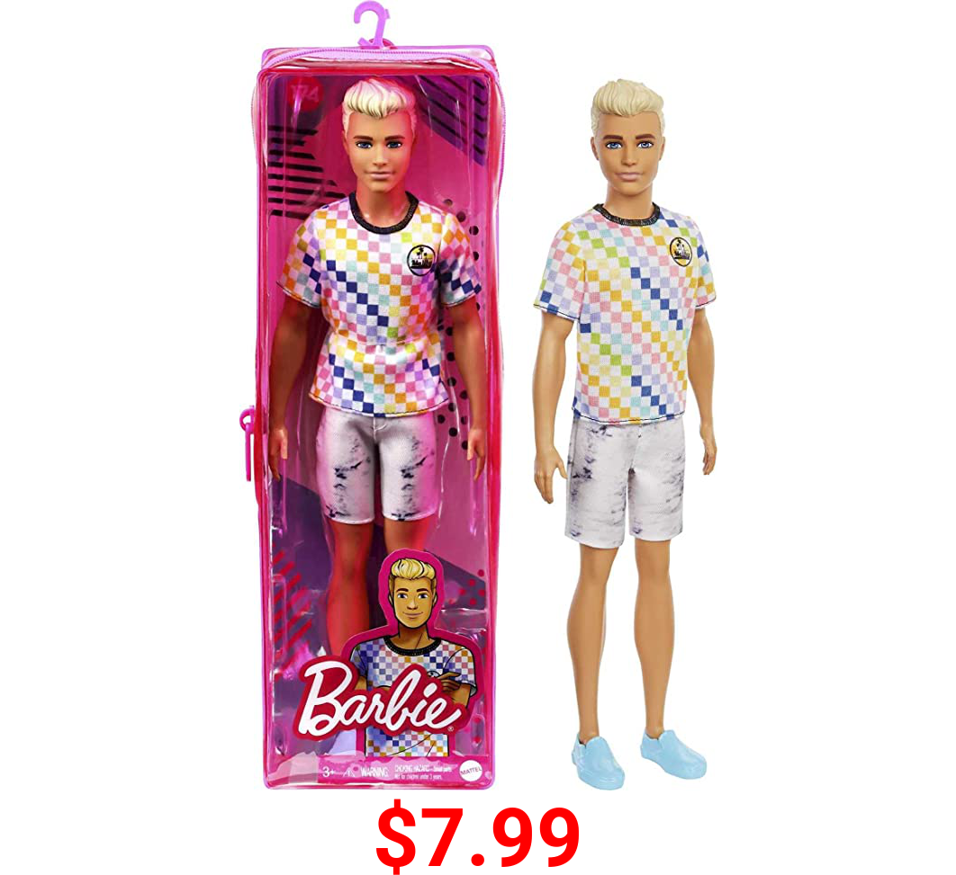 Barbie Ken Fashionistas Doll #174 with Sculpted Blonde Hair Wearing a Surf-Inspired Checkered Shirt, Stone Wash Denim Shorts & White Slip-on Deck Shoes, Toy for Kids 3 to 8 Years Old