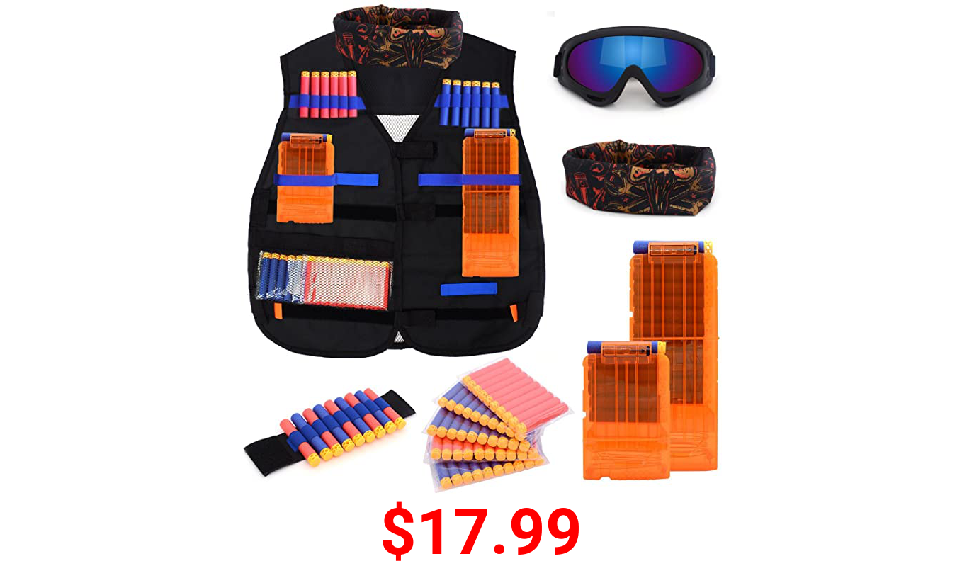 Kids Tactical Vest Kit for Nerf N-strike Elite Series with 50 Bullets Refill Darts + 2 Reload Clips + Face Tube Mask + Protective Glasses + hand wrist band