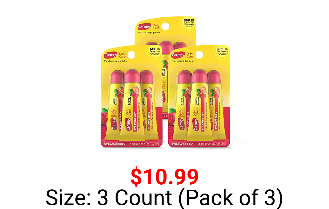Carmex Daily Care Moisturizing Lip Balm with SPF 15, Strawberry Lip Balm Tubes, 0.35 OZ Each - 3 Count (Pack of 3)