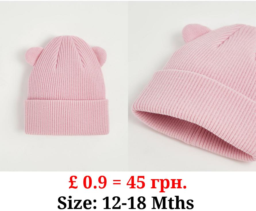 Pink Ear Ribbed Beanie Hat