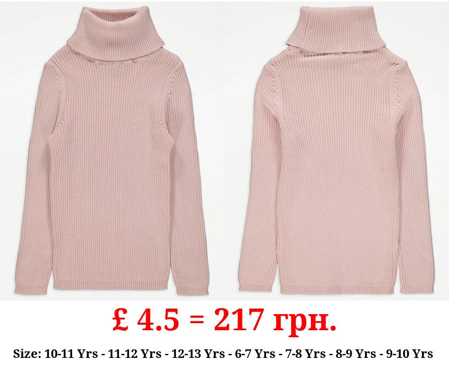 Light Pink Roll Neck Ribbed Jumper
