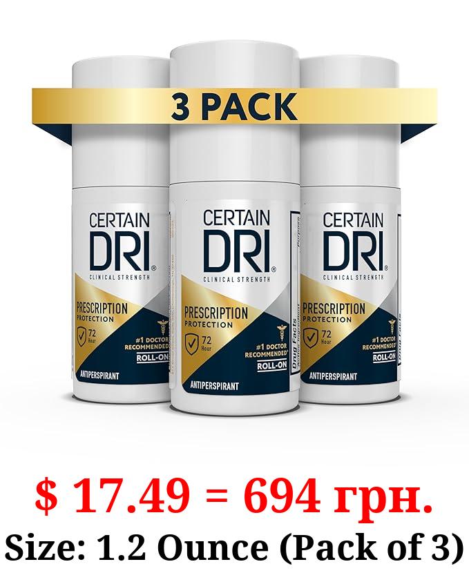 Certain Dri Prescription Strength Clinical Antiperspirant Roll-On Deodorant, Hyperhidrosis Treatment for Men & Women, Unscented, 1.2 Fl oz, 3 Pack