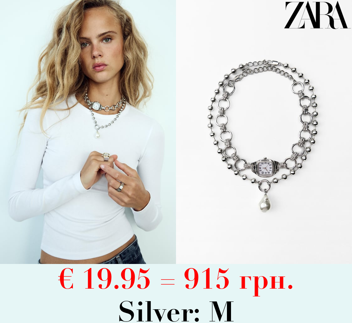 PACK OF 2 NECKLACES WITH WATCH AND FAUX PEARL PENDANTS