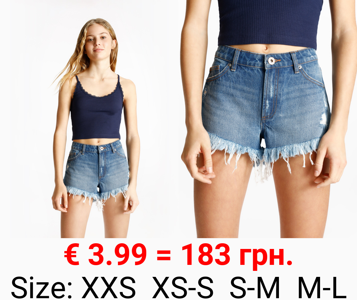 Denim shorts with frayed hems