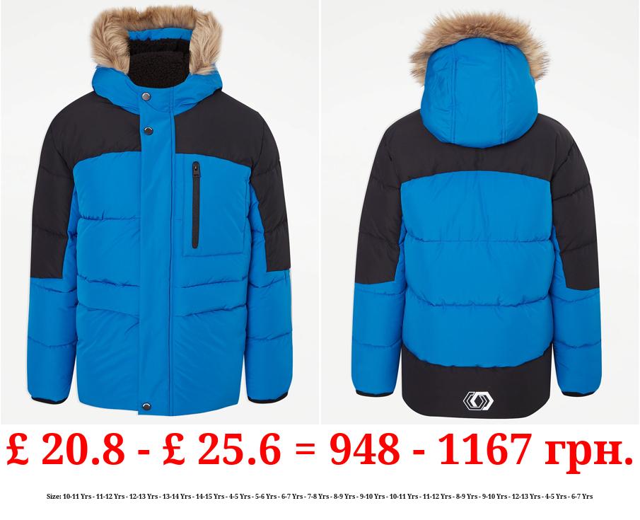 Blue Faux Fur Trim Padded Coat