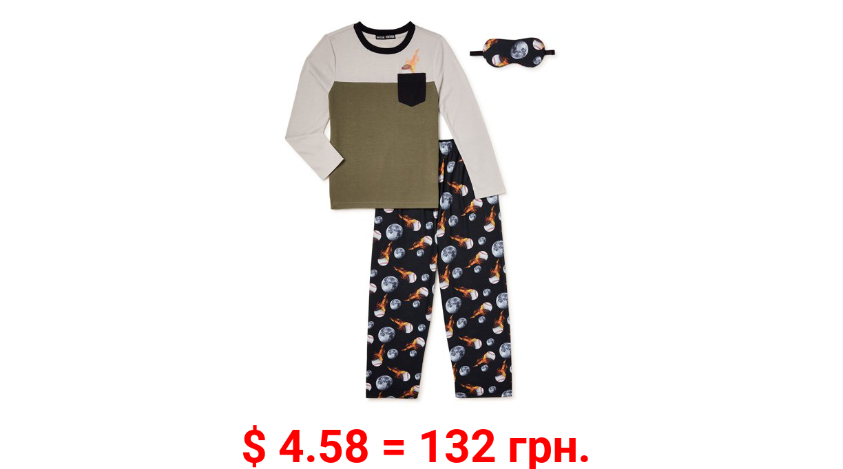 Social Edition Boys 2 Piece Long Sleeve Top and Long Pants Pajama Sleep Set with Matching Eye Mask, Sizes 4-16