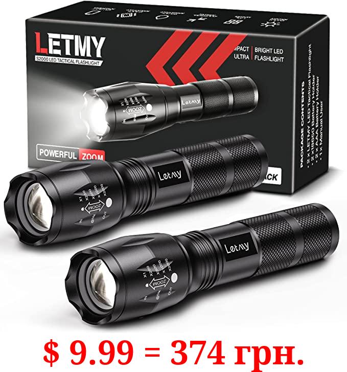 LETMY LED Tactical Flashlight S1000 PRO - 2 Pack Bright Military Grade Flashlights High Lumens - Portable Handheld Flash Lights with 5 Modes, Zoomable, Waterproof for Camping Outdoor Emergency