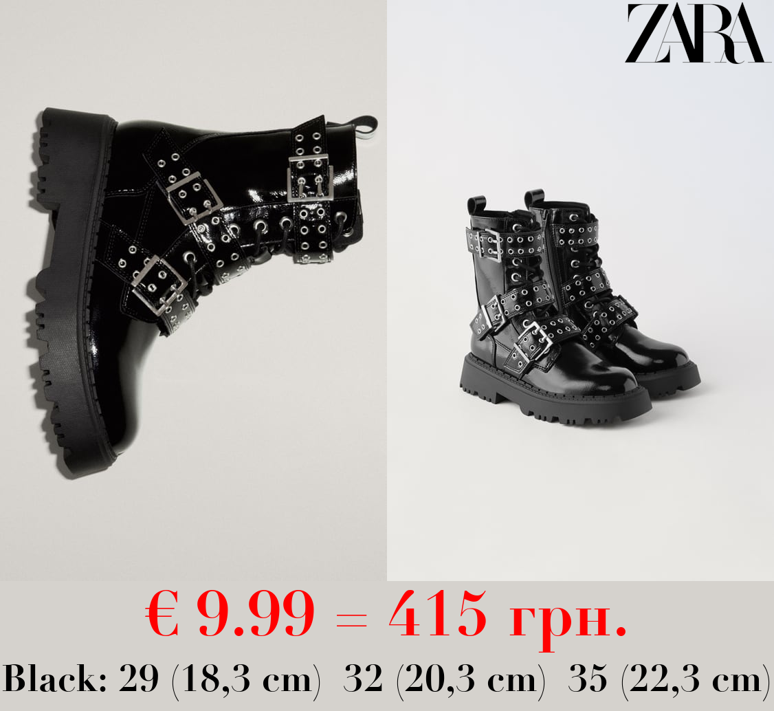 STUDDED FAUX PATENT ANKLE BOOTS