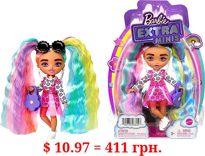 Barbie Extra Minis Doll #6 (5.5 in) With Rainbow Hair, Wearing Flower Print Dress, with Doll Stand & Accessories Including Sunglasses and Purse, Gift for Kids 3 Years Old & Up​