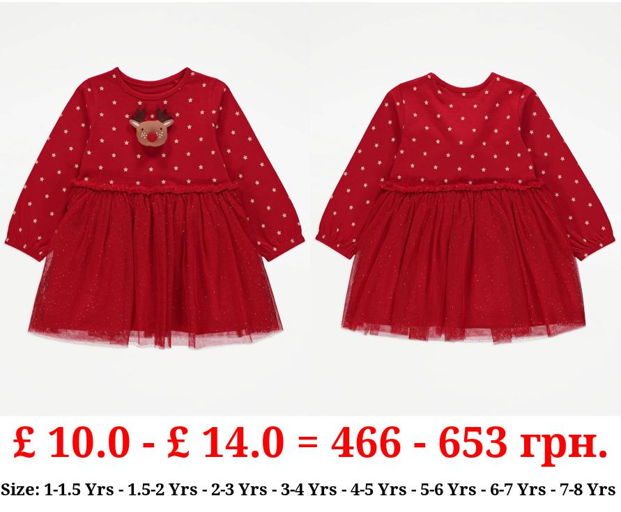 Red Reindeer Star Print Tutu Dress
