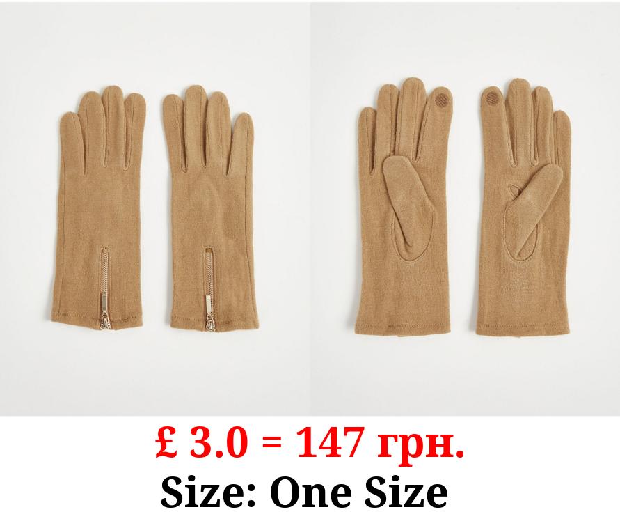 Camel Wool Zip Gloves