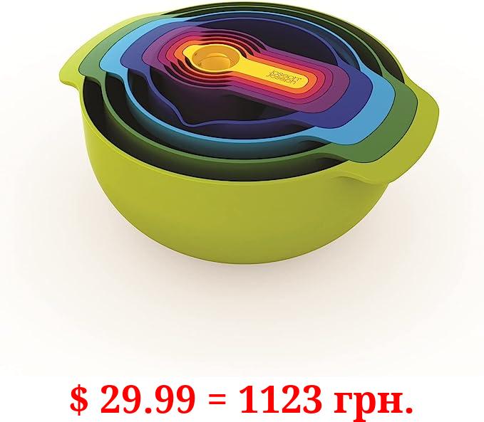 Joseph Joseph Nest 9 Plus, 9 Piece Compact Food Preparation Set with Mixing Bowls, Measuring cups, Sieve and Colander, MultiColor