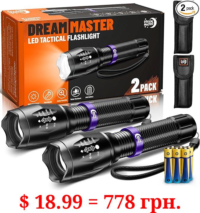 2 Pack LED Flashlights High Lumens with 6 AAA Batteries, 5 Modes Mini Waterproof Tactical Flashlight for Camping Hiking, Bright Flashlight with Zoomable, Fathers Day Dad Gifts for Him, Black & Purple