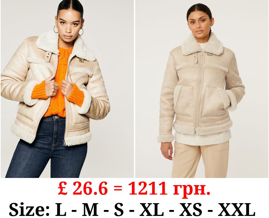Neutral Faux Fur Lined Aviator Jacket