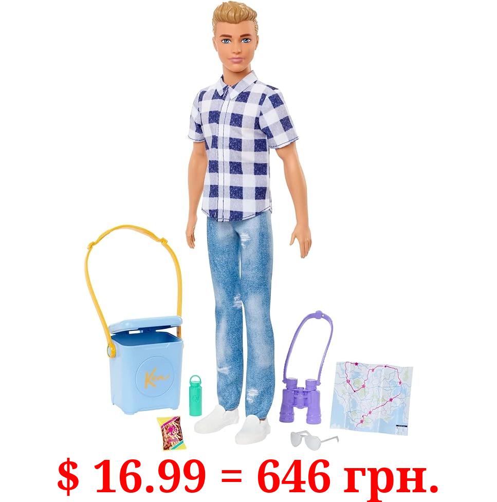 Barbie It Takes Two Ken Camping Doll Wearing Plaid Shirt, Jeans and White Sneakers, with Camping Accessories, Toy for 3 Year Olds & Up
