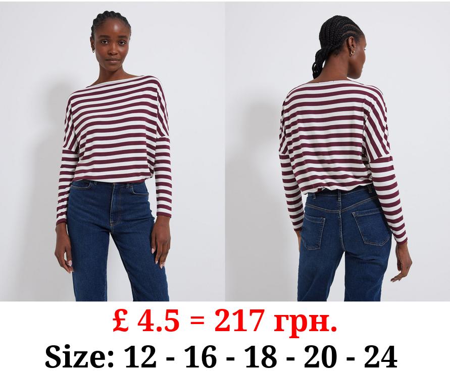 Burgundy Striped Batwing Long Sleeve Jersey Top