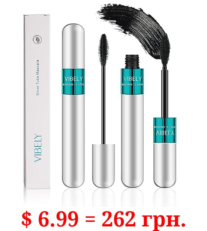 2 in 1 Mascara 5x Longer Waterproof Lash Cosmetics Natural Lengthening and Thickening Effect No Clumping Superstrong Magic 4d Silk Fiber for Vibely Mascara Makeup