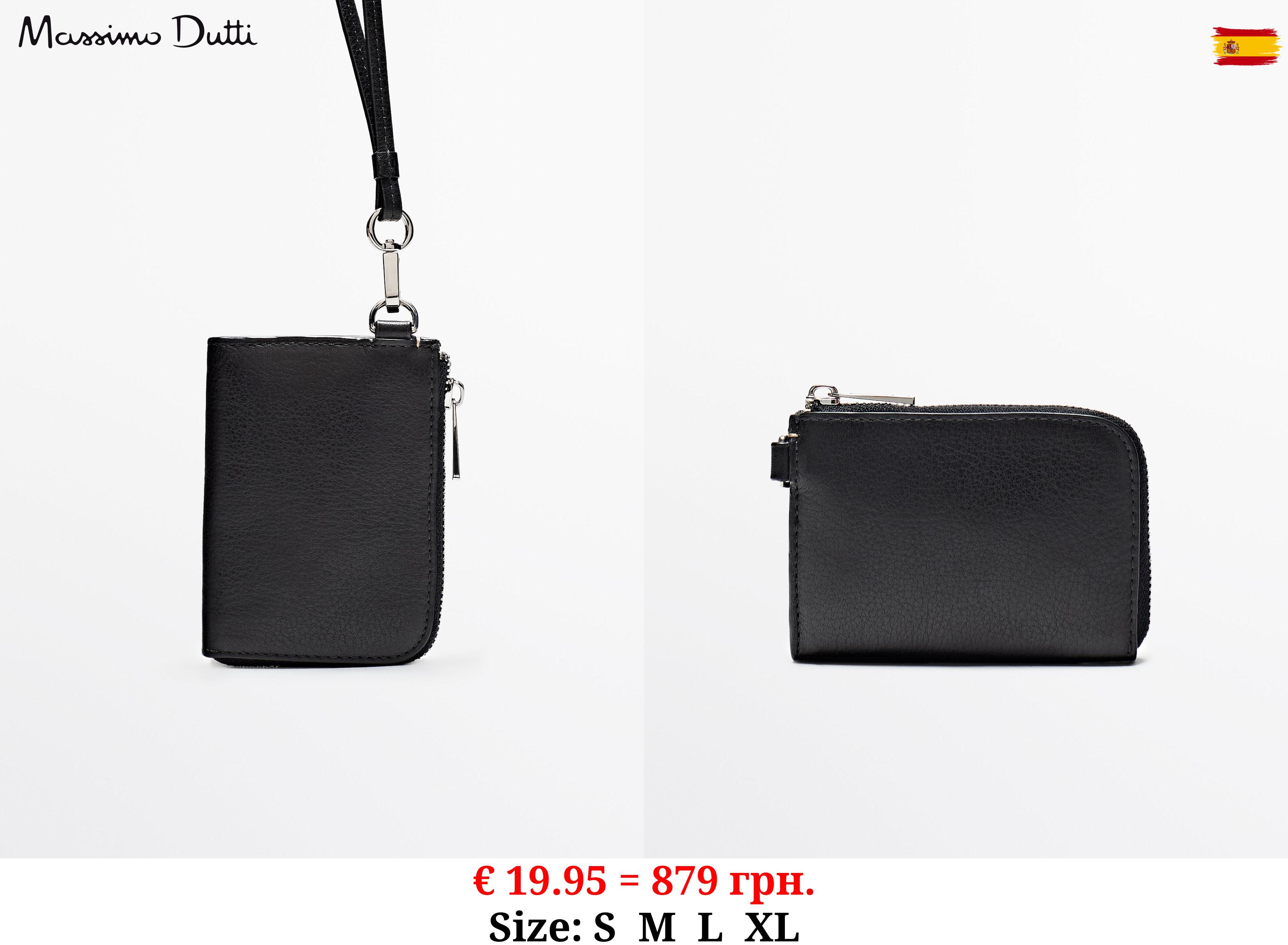 Leather wallet with strap BLACK