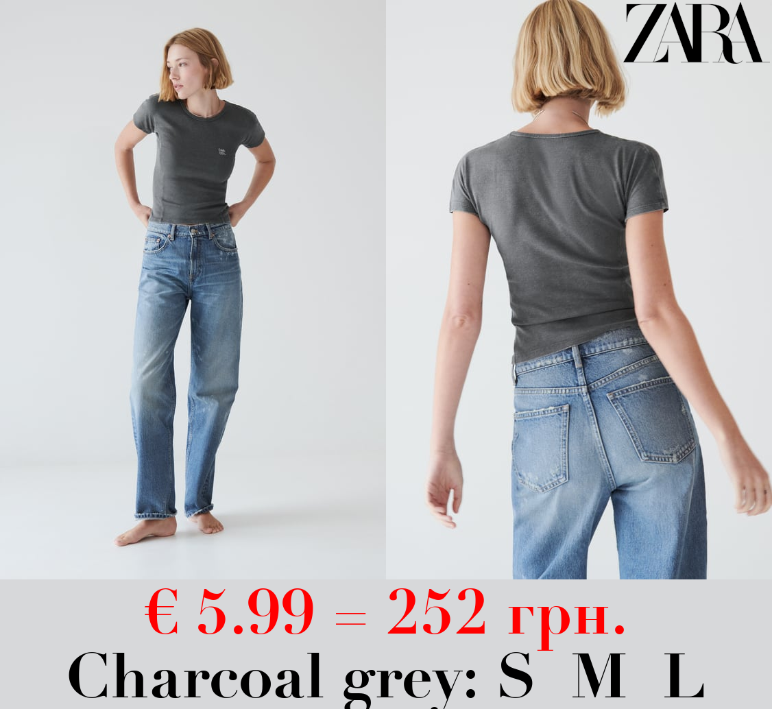 FADED RIBBED T-SHIRT WITH SLOGAN