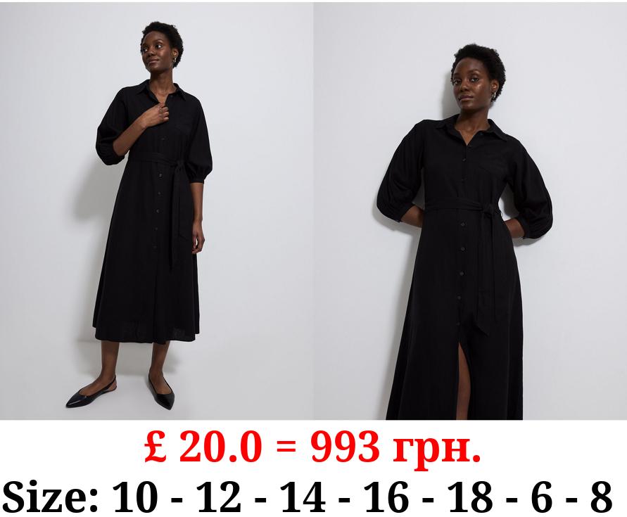 Black Linen Blend Balloon Sleeve Shirt Dress