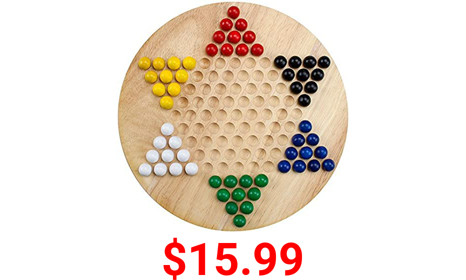 Brybelly Chinese Checkers Game Set with 11.5 in Natural Wood Checkers Board | 60 Wood Marbles in 6 Bright Colors for Adults, Boys and Girls Game Playing