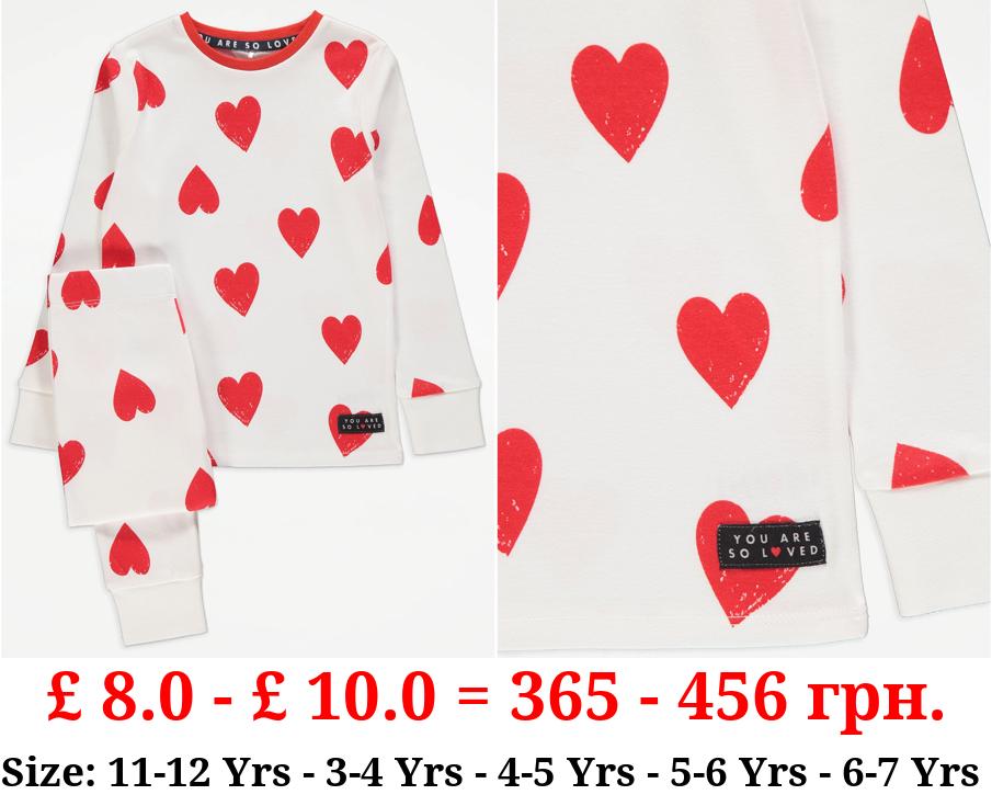 White Heart Print Long Sleeve Pyjamas