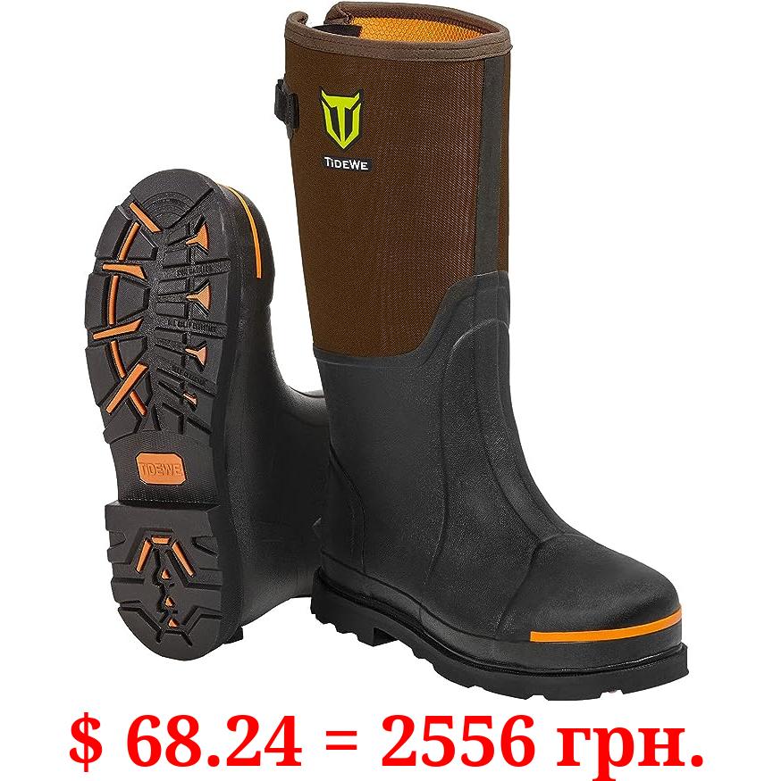 TIDEWE Rubber Work Boot for Men with Steel Toe & Shank, Waterproof Anti Slip Hunting Boot, 6mm Neoprene Hunting Boot, Durable Brown Rubber Boot for Manufacturing, Construction, Farming, Size 5-14