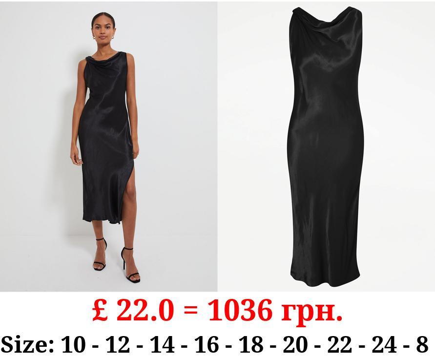 Black Cowl Neck Bias Cut Satin Slip Midi Dress