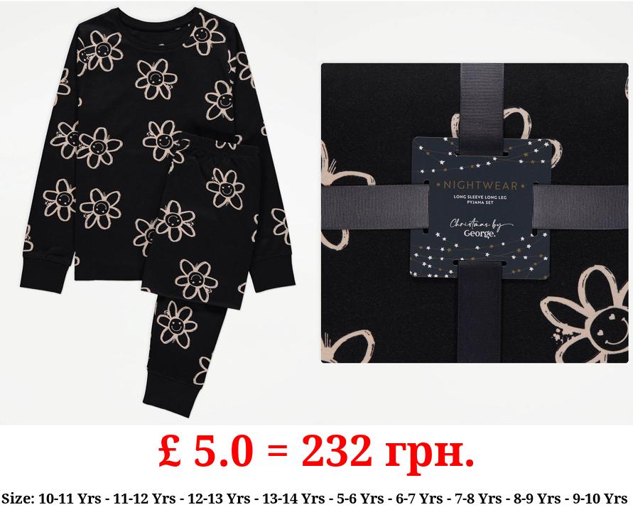 Black Smiley Daisy Long Sleeve Pyjamas Gift Set