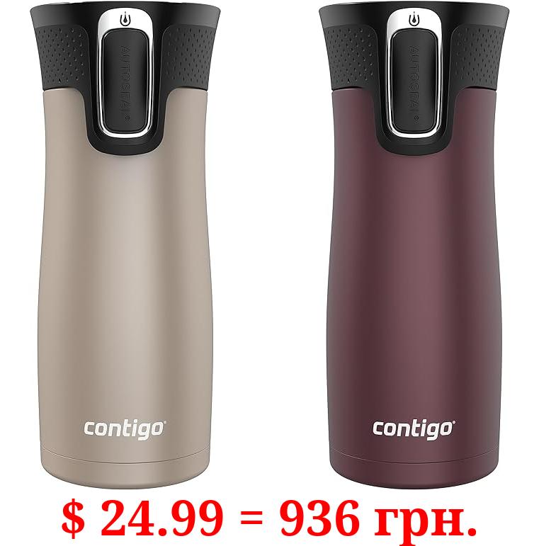 Contigo West Loop Stainless Steel Vacuum-Insulated Travel Mug with Spill-Proof Lid, Keeps Drinks Hot up to 5 Hours and Cold up to 12 Hours, 16oz 2-Pack, Brown Sugar & Chocolate Truffle Metallic