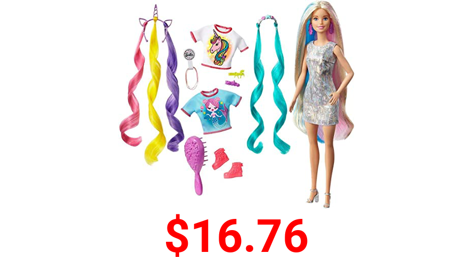 Barbie Fantasy Hair Doll, Blonde, with 2 Decorated Crowns, 2 Tops & Accessories for Mermaid and Unicorn Looks, Plus Hairstyling Pieces, for Kids 3 to 7 Years Old