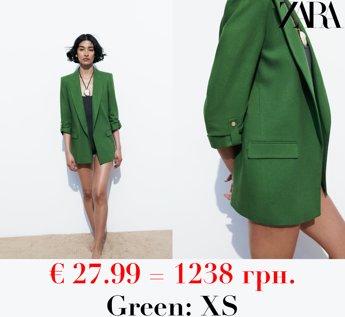 LINEN BLEND ROLL-UP SLEEVE OPEN BLAZER