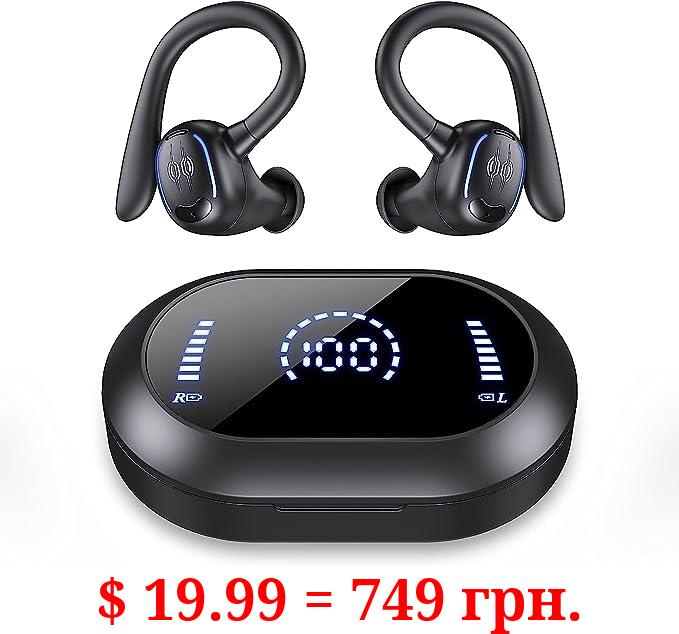 PSIER Wireless Earbuds Bluetooth Headphones 50H Playtime Ear Buds Bluetooth 5.3 Dual Power Display Sports Headphones with Earhooks IPX7 Waterproof Earbuds with Mic Over-Ear Earphones for Running, Gym