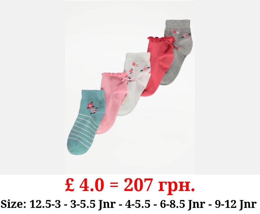 Floral Frill Bow Cotton Rich Ankle Socks 5 Pack