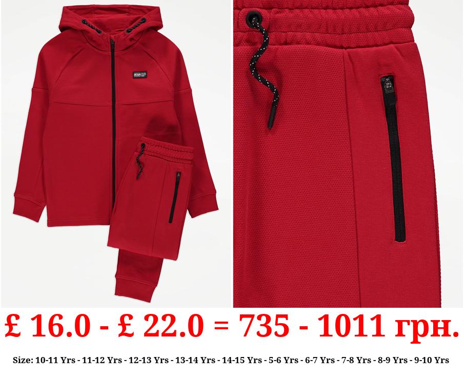 Red Pique Zip Up Hoodie and Joggers Outfit
