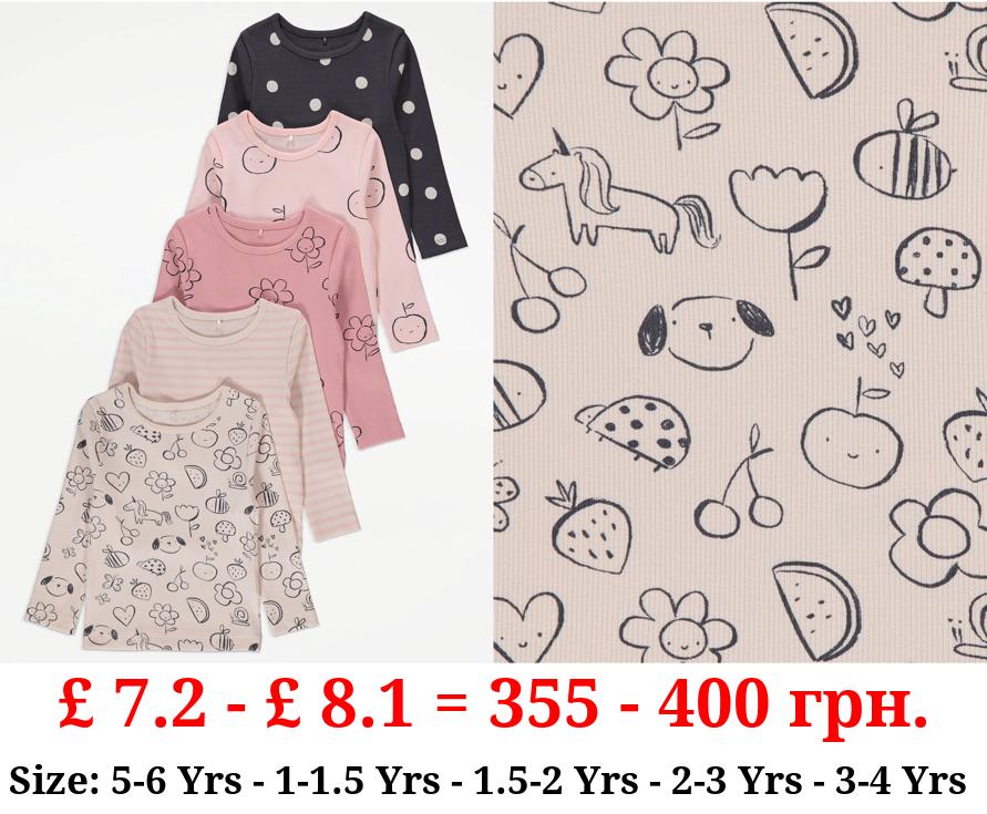 Fun Ribbed Long Sleeve Tops 5 Pack